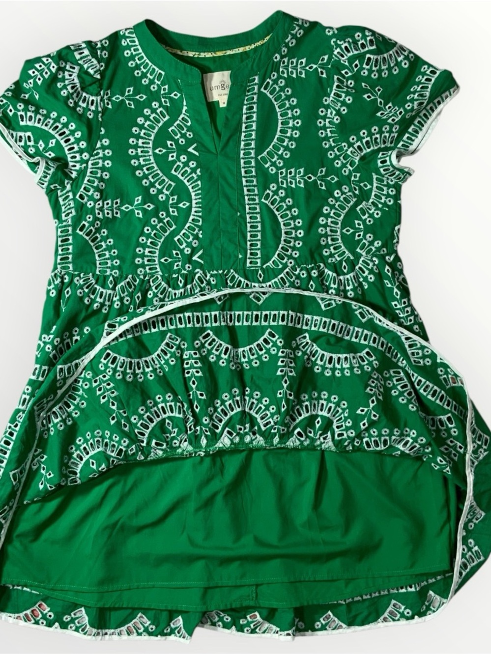 Umgee A Line Tiered Green & White Embroidered Eyelet Boho Dress Sz Medium #259 - Picture 4 of 5